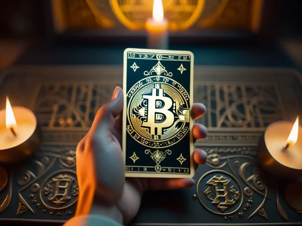 Mano volteando carta de tarot con símbolo de Bitcoin en misterioso ambiente iluminado por velas: Predicciones criptomonedas tarot financiero