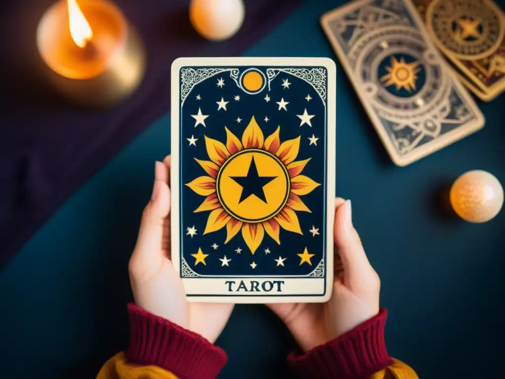 Mano sosteniendo carta del tarot con símbolos de sol, luna y estrellas, en colores intensos y líneas precisas, evocando misterio y autoconocimiento