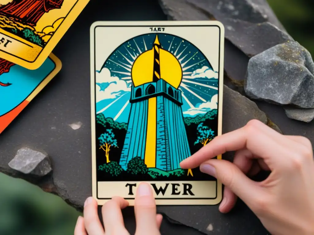 Mano colocando carta del Tarot de la Torre en paisaje sanador, simbolizando superar trauma con Tarot para superar trauma