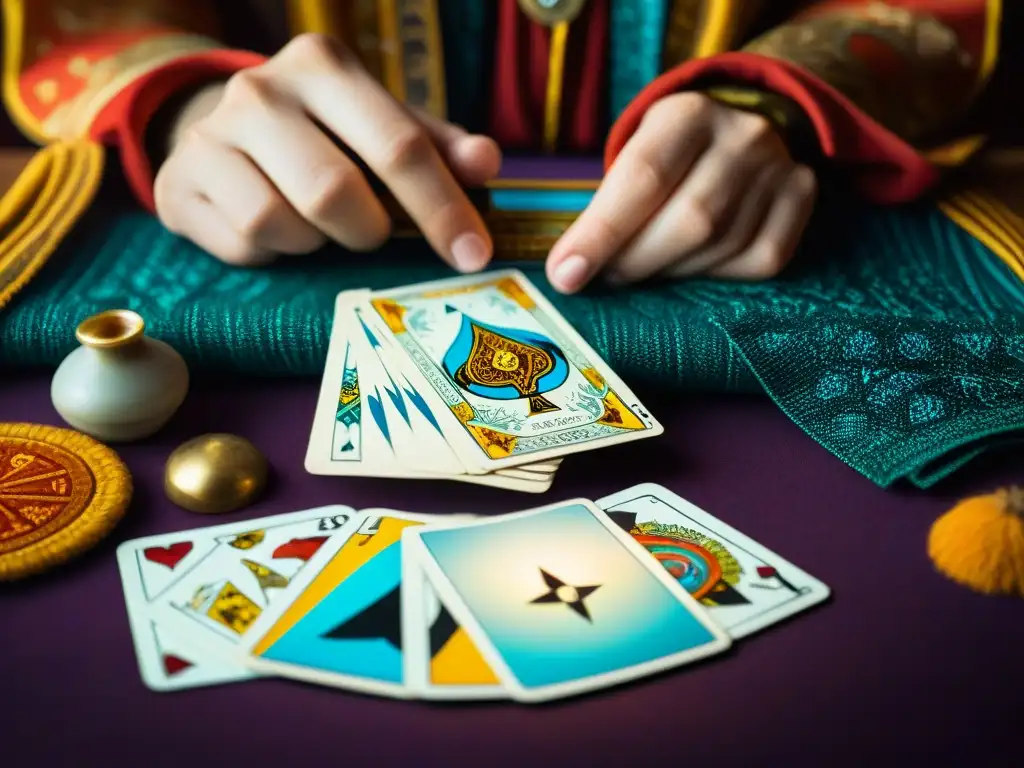 Mano mezclando cartas de tarot con diseños coloridos, revelando misterios y anticipación en predicciones financieras tarot influencia sociedades