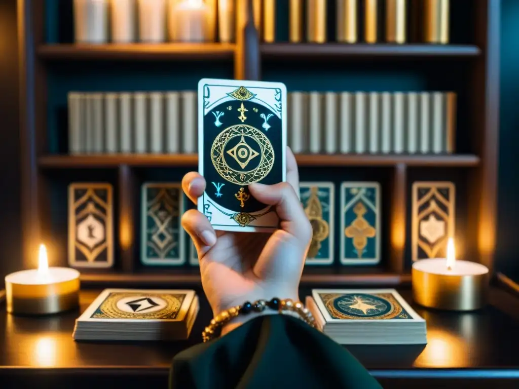 Una mano sostiene cartas de tarot con símbolos financieros