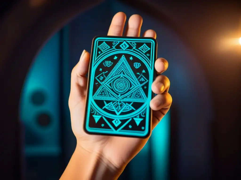 Una mano sostiene un dispositivo de realidad aumentada con una carta de tarot holográfica