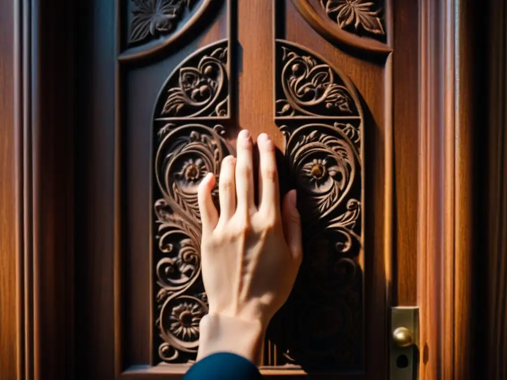 Una mano dudosa se acerca a una puerta de madera ornamental cerrada, simbolizando la vida en sociedad secreta