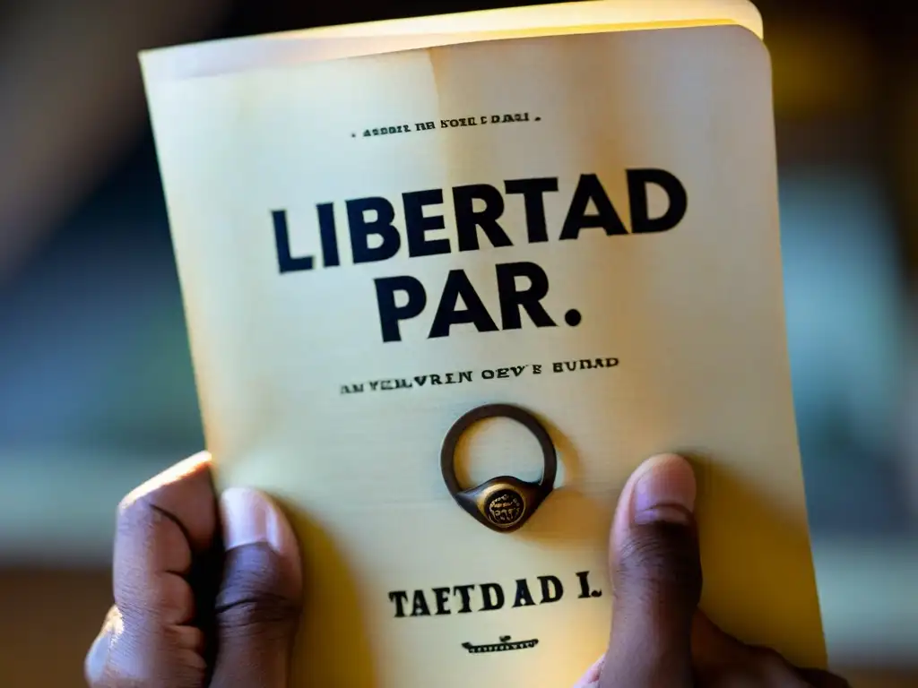 Una mano envejecida sostiene un panfleto amarillento con las palabras 'Libertad para Todos'