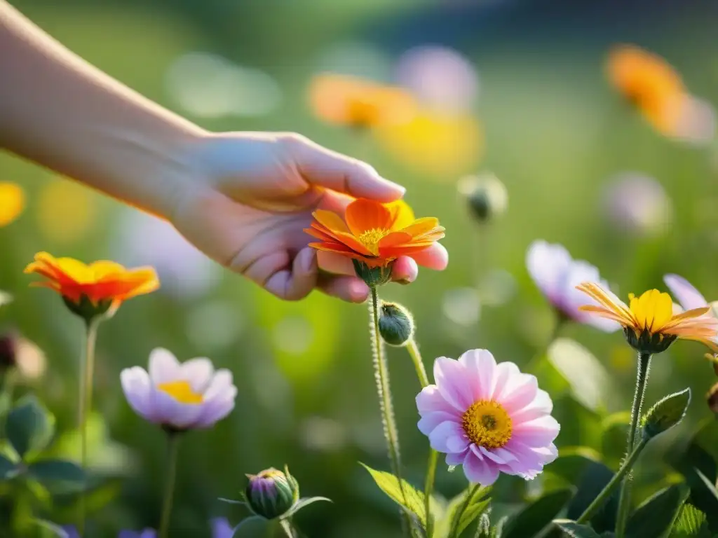 Mano recogiendo flores vibrantes en prado soleado