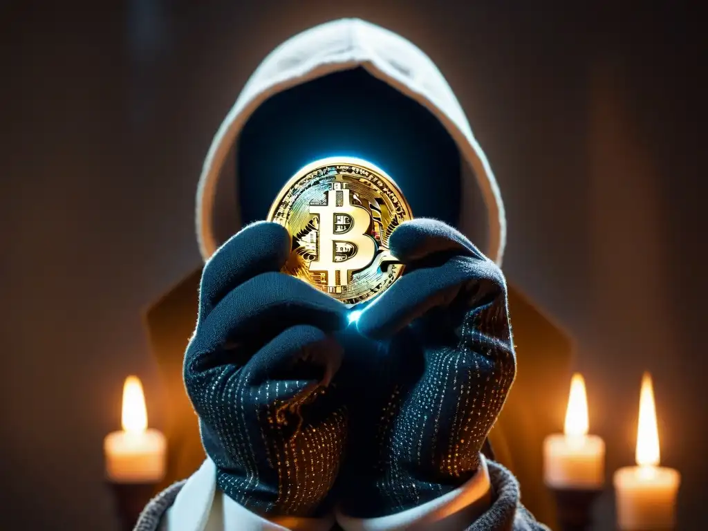 Una mano en guante negro sostiene un símbolo de Bitcoin brillante, rodeada de códigos encriptados y figuras en capuchas en una habitación misteriosa