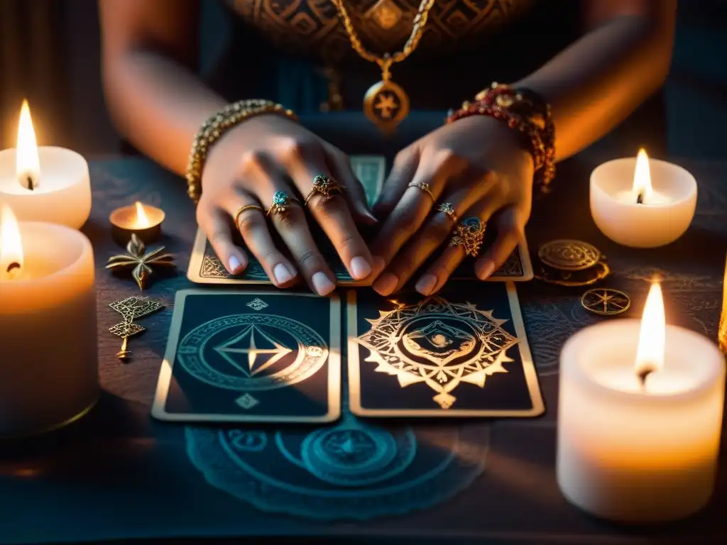 Mano misteriosa leyendo cartas del tarot bajo luz de velas, con detalles de las cartas y sombras inquietantes