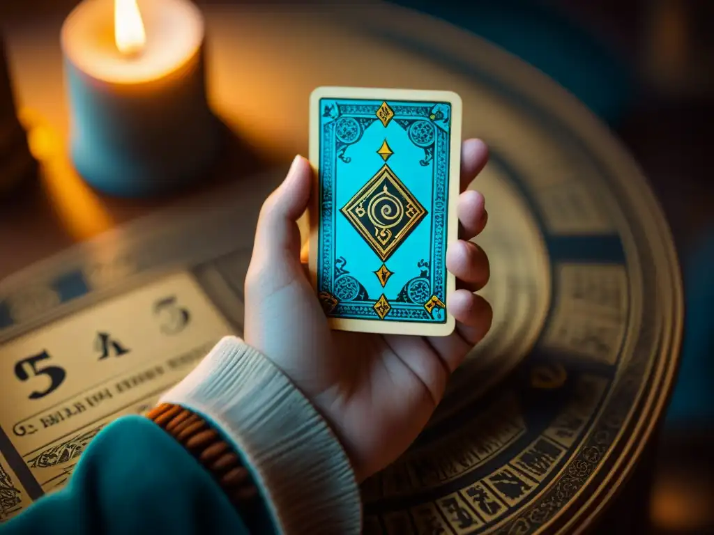 Mano sosteniendo misterioso tarot antiguo, con detalles intrincados y borde desgastado, iluminado por luz natural