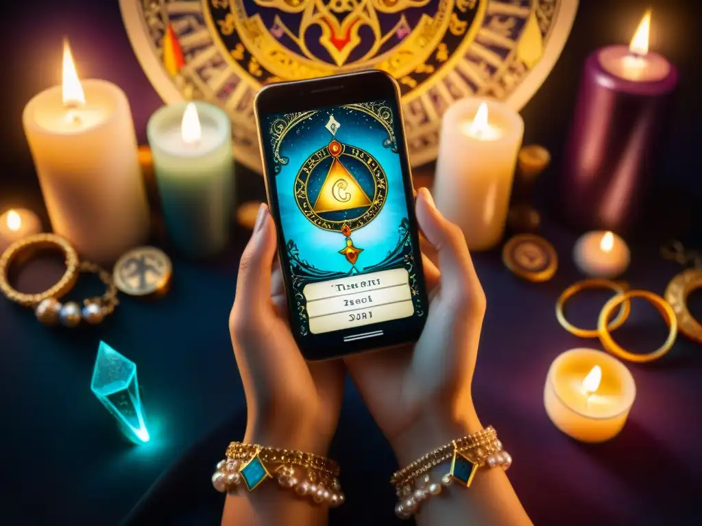 Mano mística sostiene smartphone con lectura de tarot detallada y vibrante