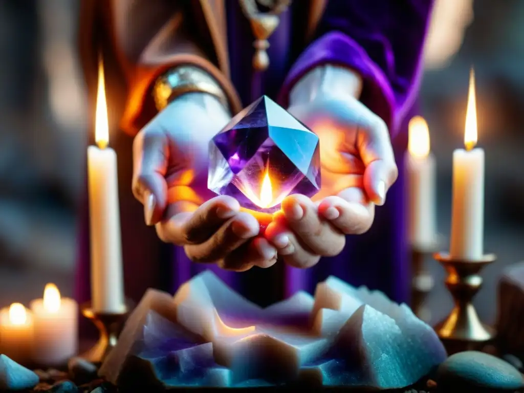 Mano sostiene místico cristal amatista, rodeado de velas y símbolos antiguos, evocando energía espiritual