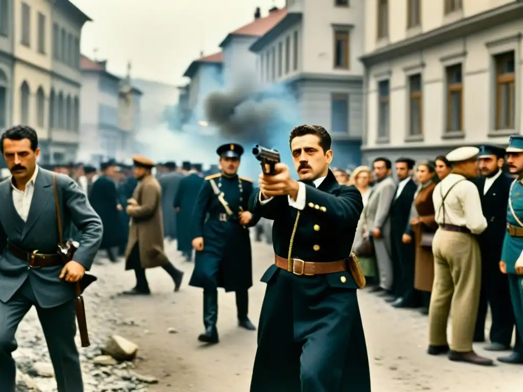 Gavrilo Princip de la Mano Negra asesinando a Franz Ferdinand, escena histórica de tensión en Sarajevo, 1914