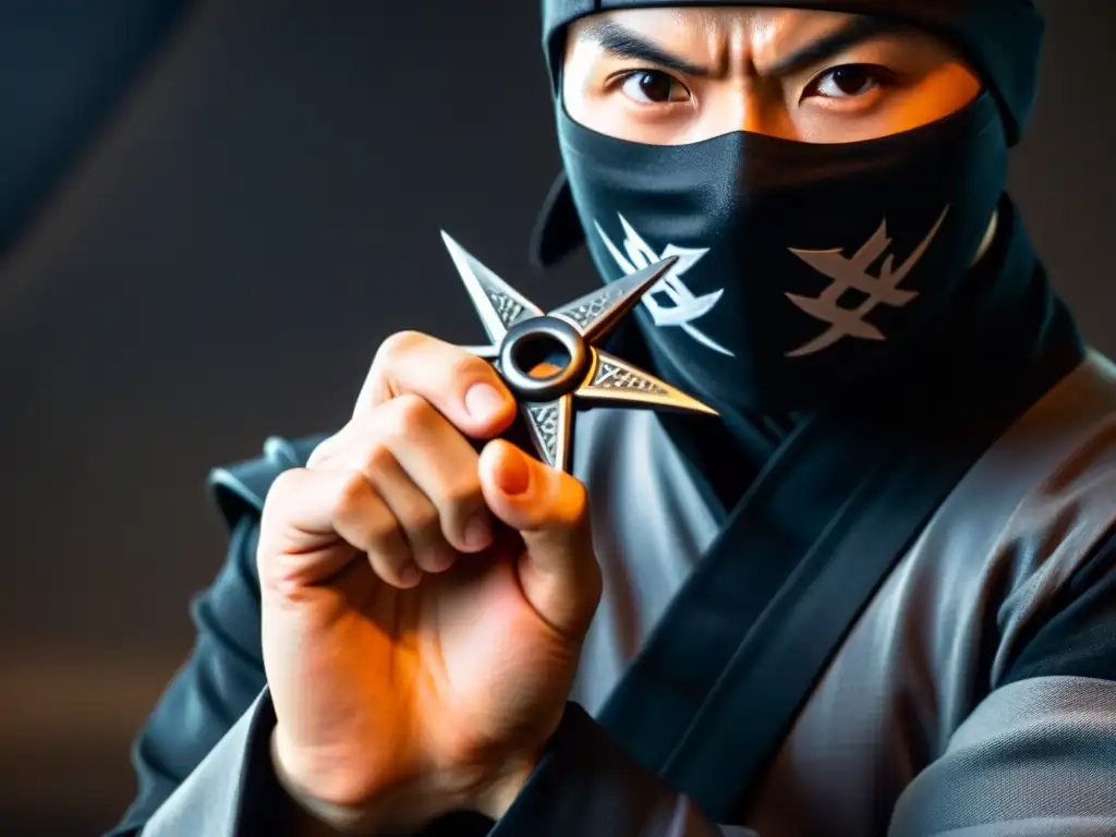 Mano de ninja aferrando shuriken letal en ambiente misterioso