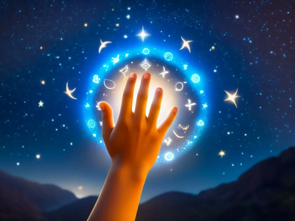 Mano de niño tocando símbolos zodiacales en el cielo nocturno, creando atmósfera mágica y mística de conexión con la astrología