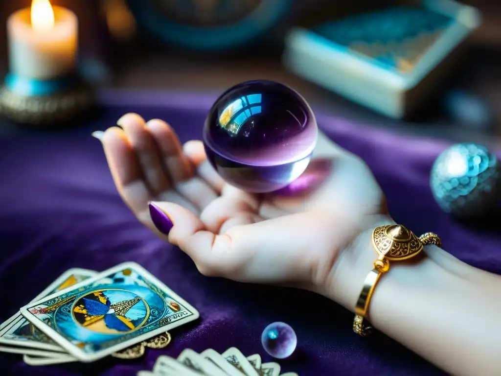 Mano sosteniendo péndulo de amatista con detalles de plata, tarot y bola de cristal, creando atmósfera mística