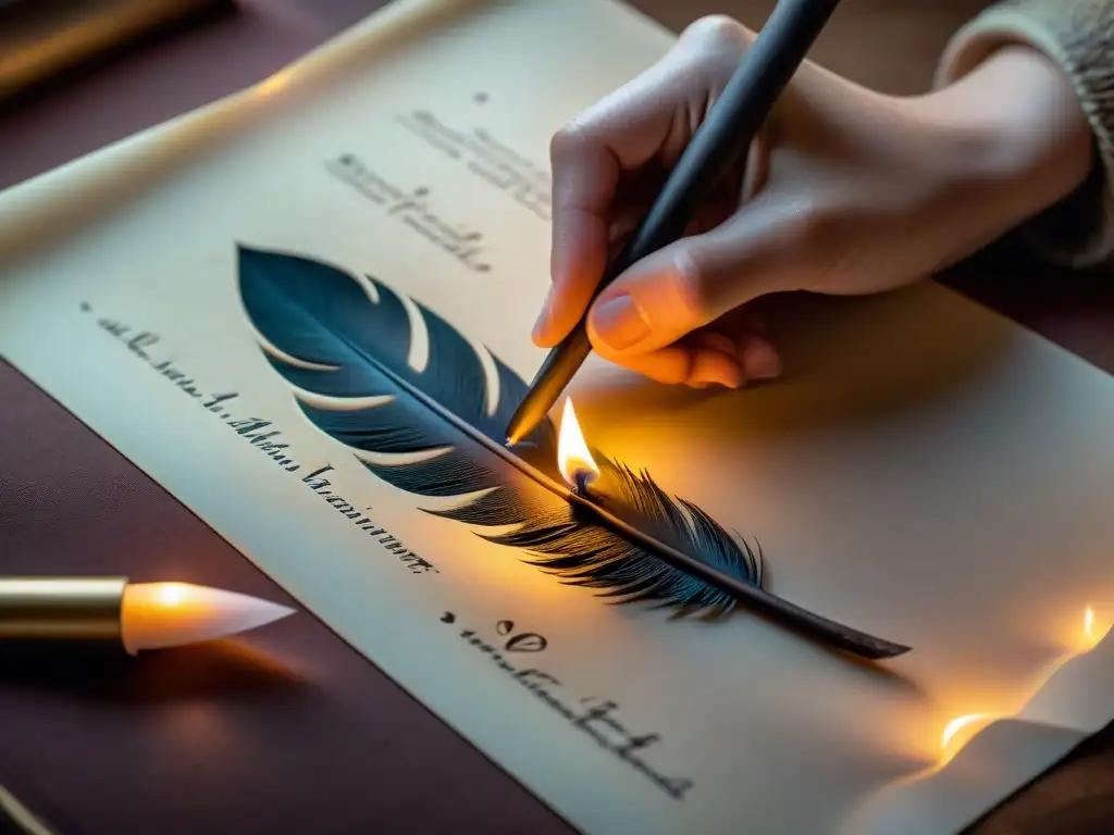 Mano de calígrafo trazando símbolo con pluma sobre pergamino iluminado por vela