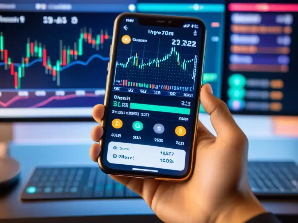 Mano con símbolos numerología y app trading criptomonedas en sala digital