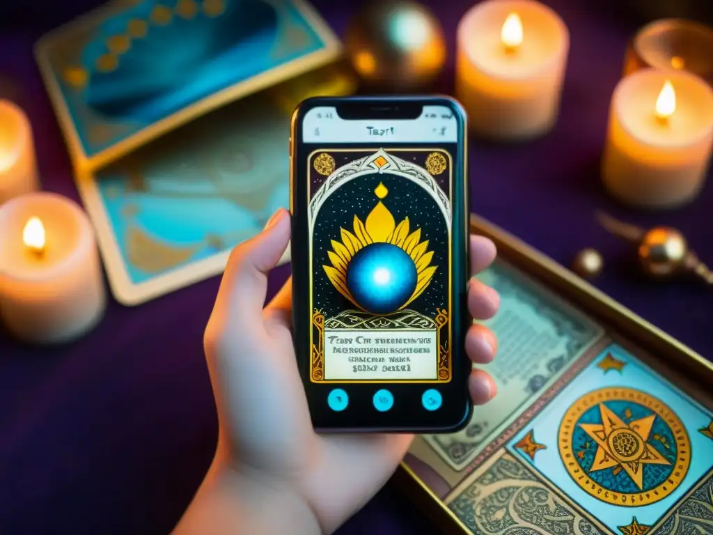 Mano con smartphone y app de tarot, arcanos vibrantes y atmósfera mística con velas y bola de cristal