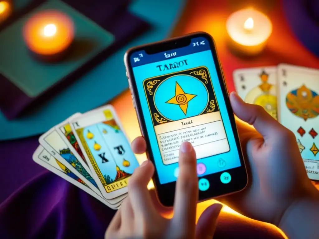 Una mano sostiene un smartphone con app de tarot, revelando una tirada detallada con símbolos místicos y colores vibrantes