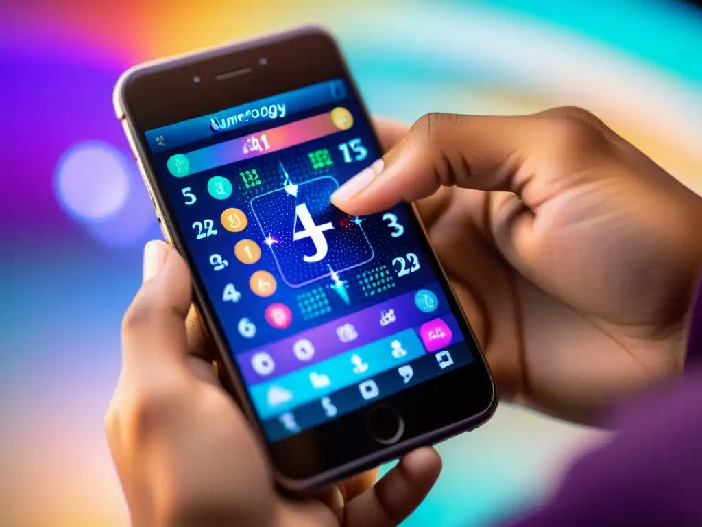 Una mano sostiene un smartphone con una colorida app de numerología