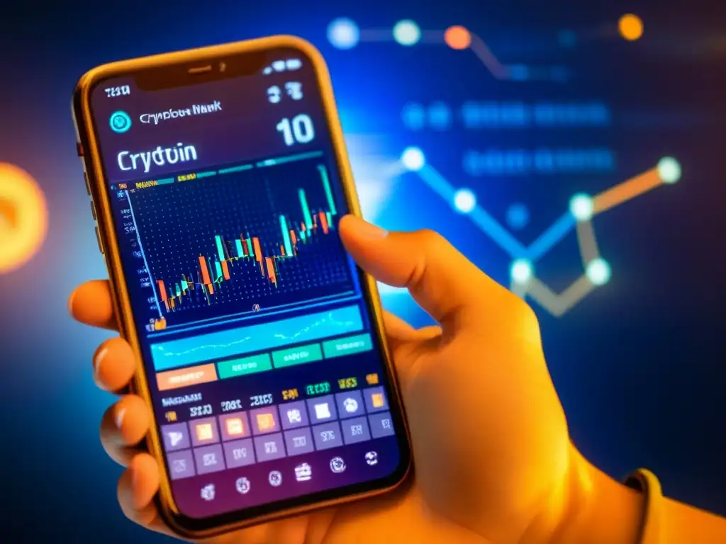 Mano sosteniendo smartphone con gráfico de mercado cripto y símbolos astrológicos, expresando emoción y cautela