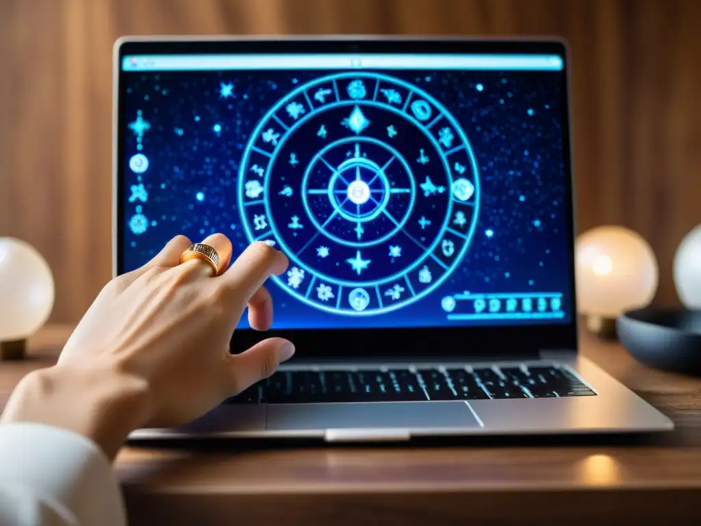 Mano usando software astrología en laptop moderna con mapas celestiales y anillos zodiacales, iluminada por luz suave en ambiente místico