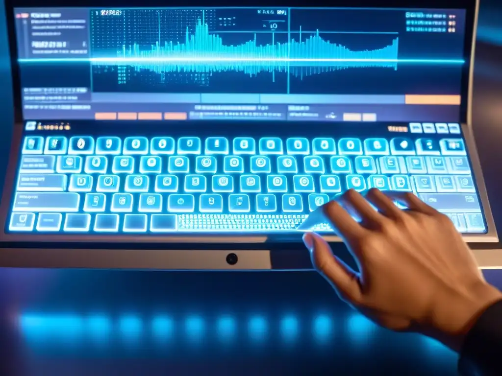 Mano tecleando en teclado futurista con hologramas de algoritmos y datos