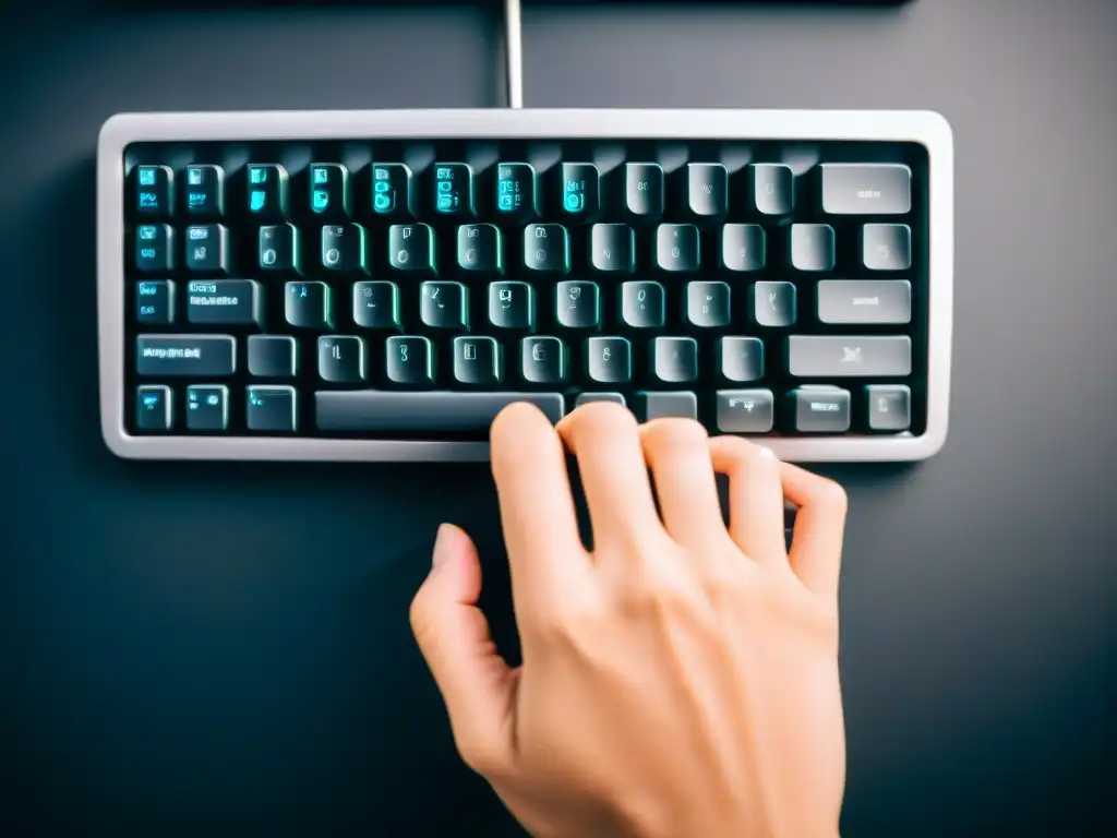 Mano tecleando en un teclado moderno con código, reflejando el descifrado de mensajes secretos técnicas