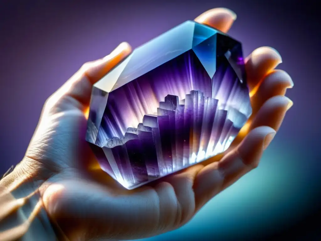 Amatista brillante sostenida con delicadeza Una mano sostiene un vibrante cristal de amatista, mostrando su belleza y poder en una conexión esotérica