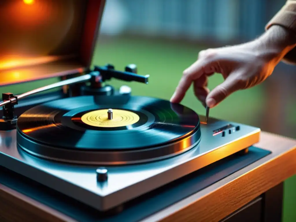 Mano colocando un vinilo en tocadiscos vintage, poder oculto música frecuencias