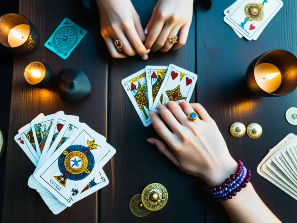 Unas manos adornadas con anillos y pulseras barajan cartas de Tarot sobre una mesa de madera oscura, creando un ambiente místico