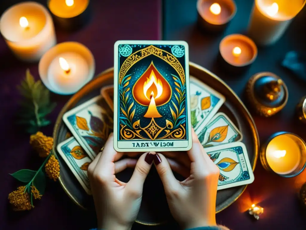 Unas manos adornadas sostienen un místico tarot, en un ambiente cálido y mágico