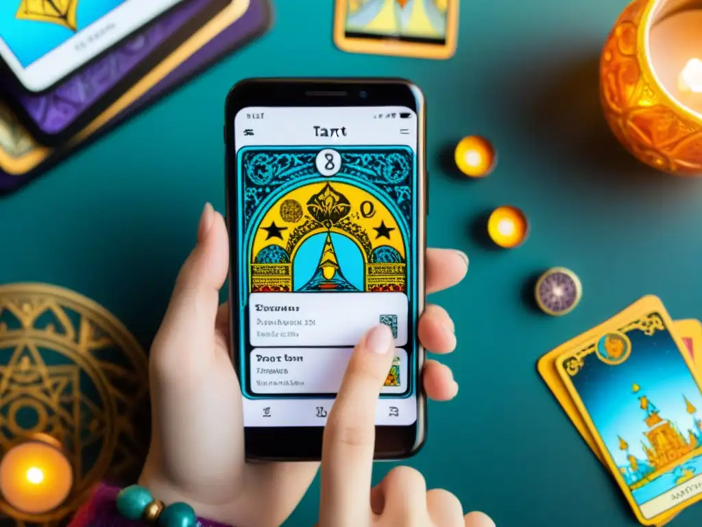 Manos con anillos y pulseras elegantes sostienen un smartphone con app de Tarot interactivo nuevas tecnologías