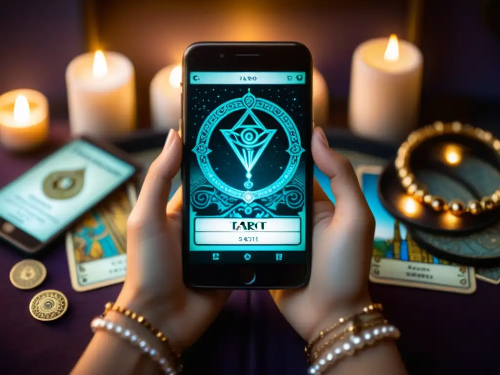 Manos con anillos y pulseras sostienen smartphone con app de tarot