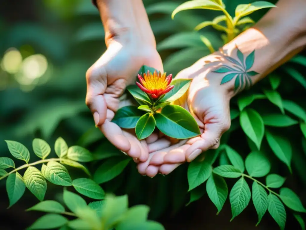 Manos arrugadas sostienen planta floreciente en bosque mágico: Magia verde para sanación