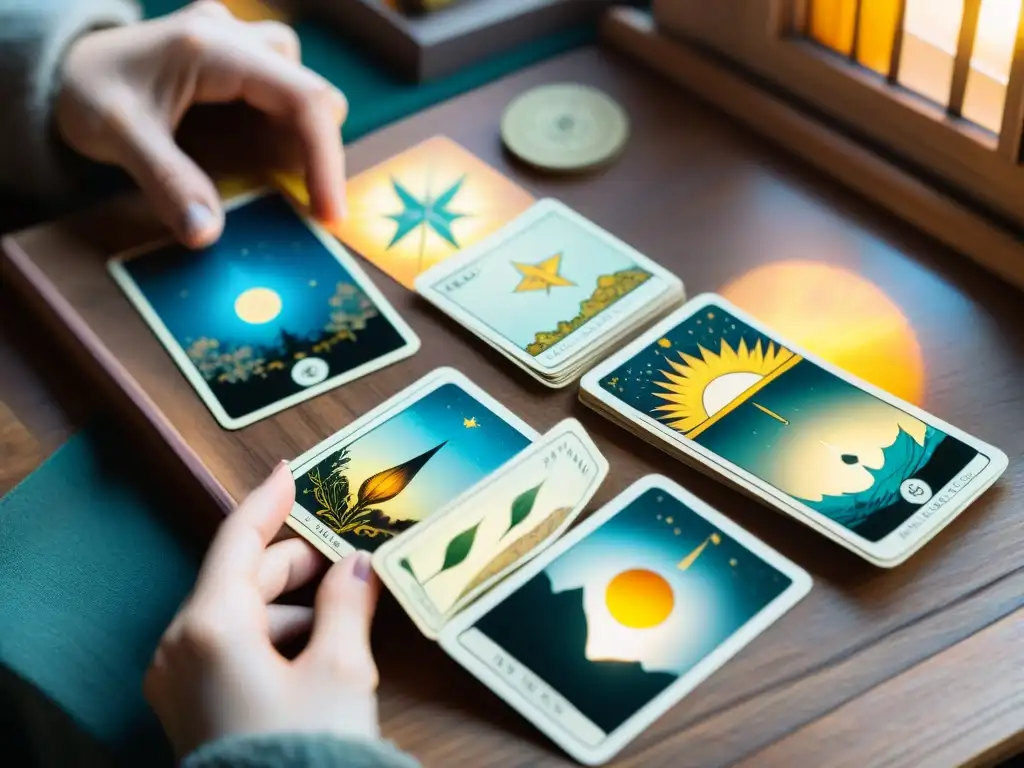 Manos de artista sostienen mazo de tarot en estudio místico, reflejando creatividad y conexión espiritual