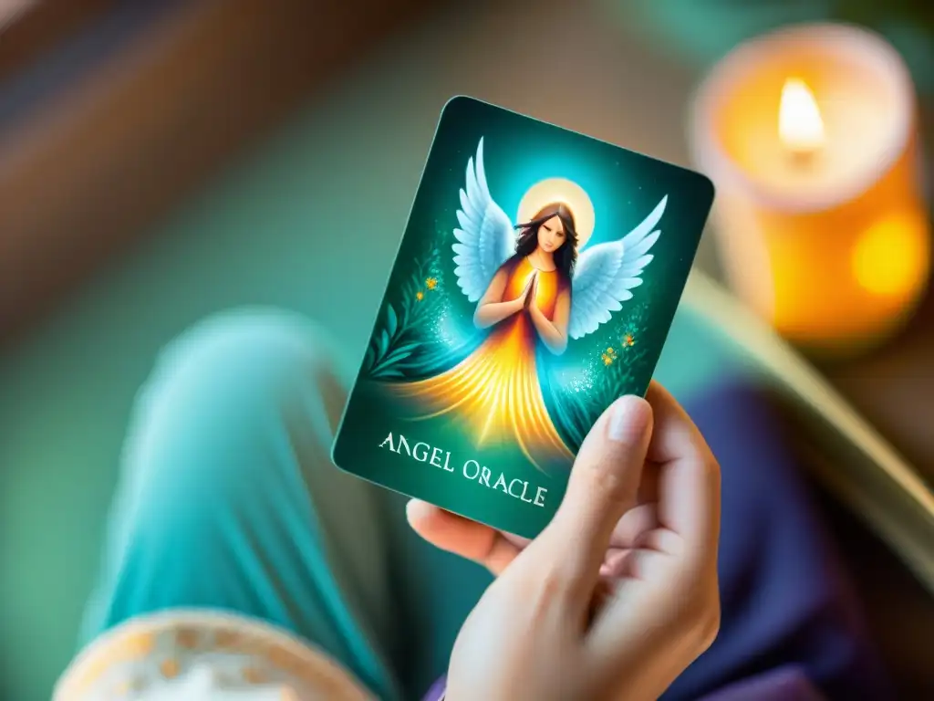 Manos mezclando bellas cartas del Oráculo de los Ángeles en un ambiente místico y espiritual, destacando detalles vibrantes