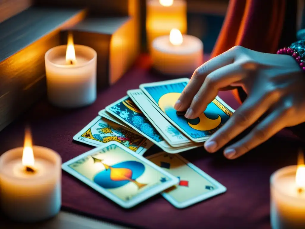 Manos barajando cartas de tarot, con diseño colorido y detallado