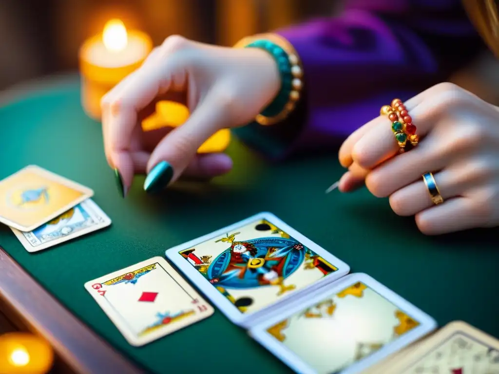 Manos barajando cartas de tarot, detalladas y coloridas