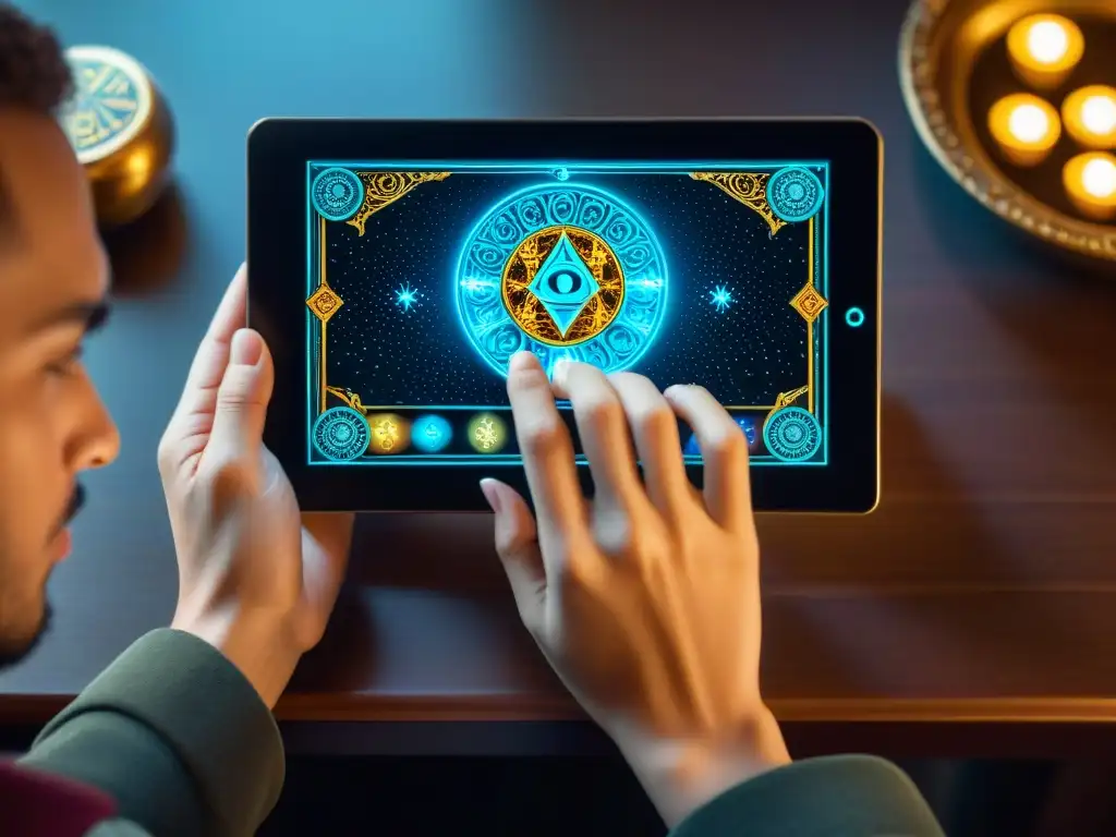 Manos mezclando cartas de Tarot digital en pantalla de tablet, reflejando misticismo y tecnología