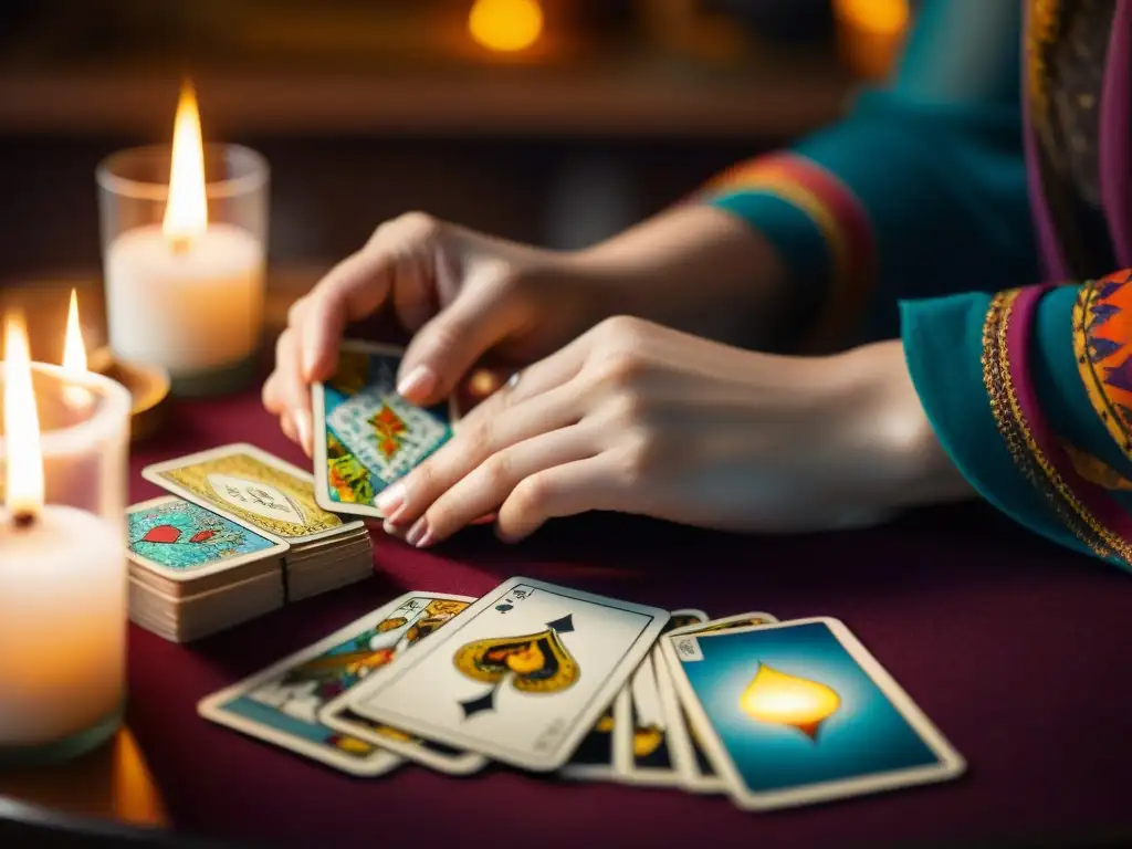 Manos mezclando cartas de tarot, prediciendo el futuro en una atmósfera mística