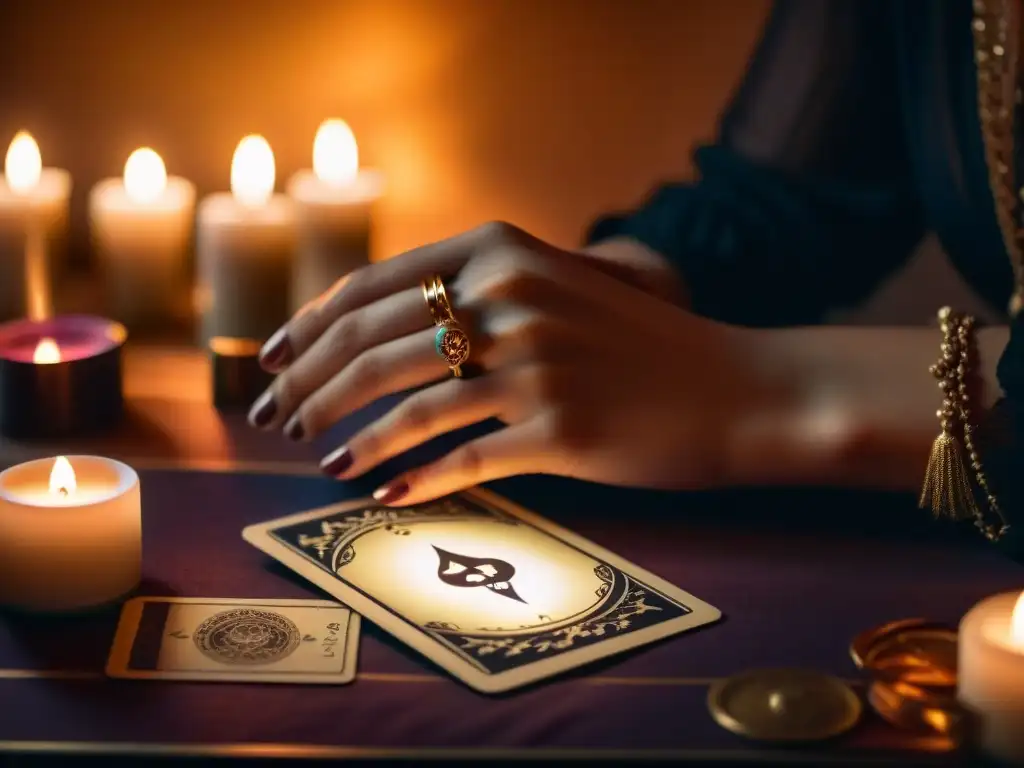 Manos barajando cartas de tarot bajo luz de vela en ambiente esotérico