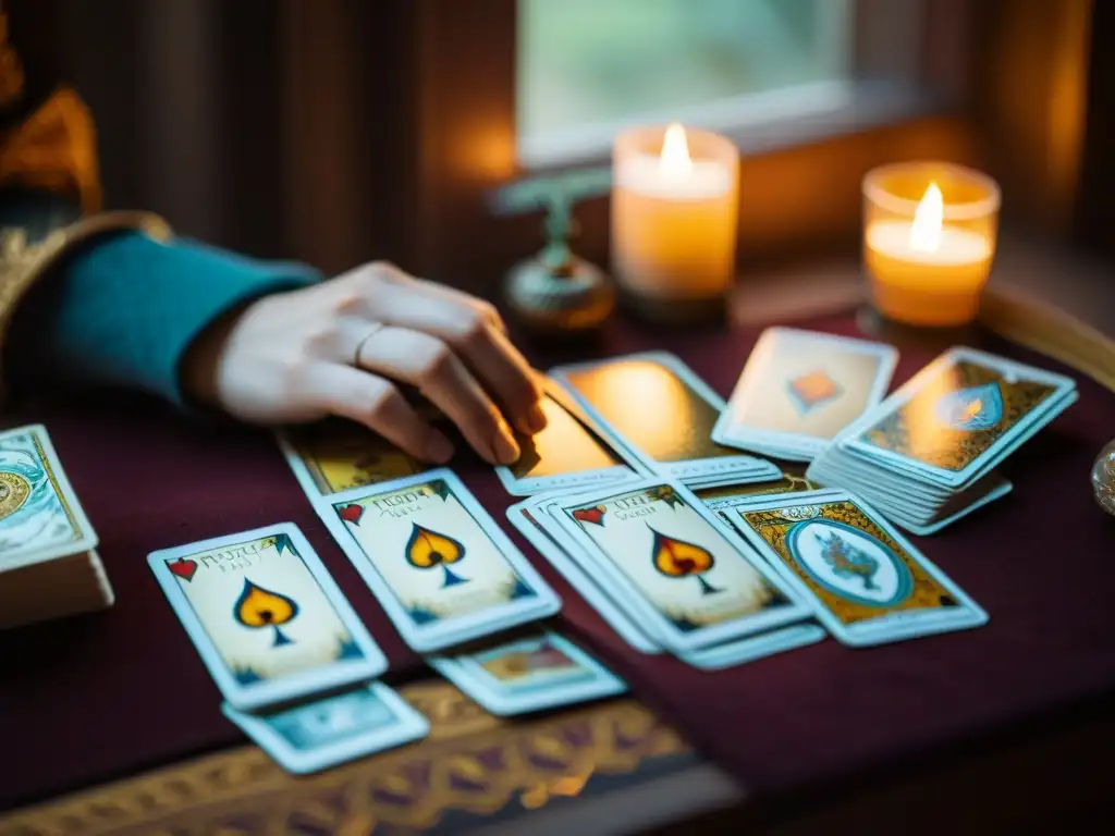 Unas manos barajan cartas de tarot en una habitación mística, iluminada por velas