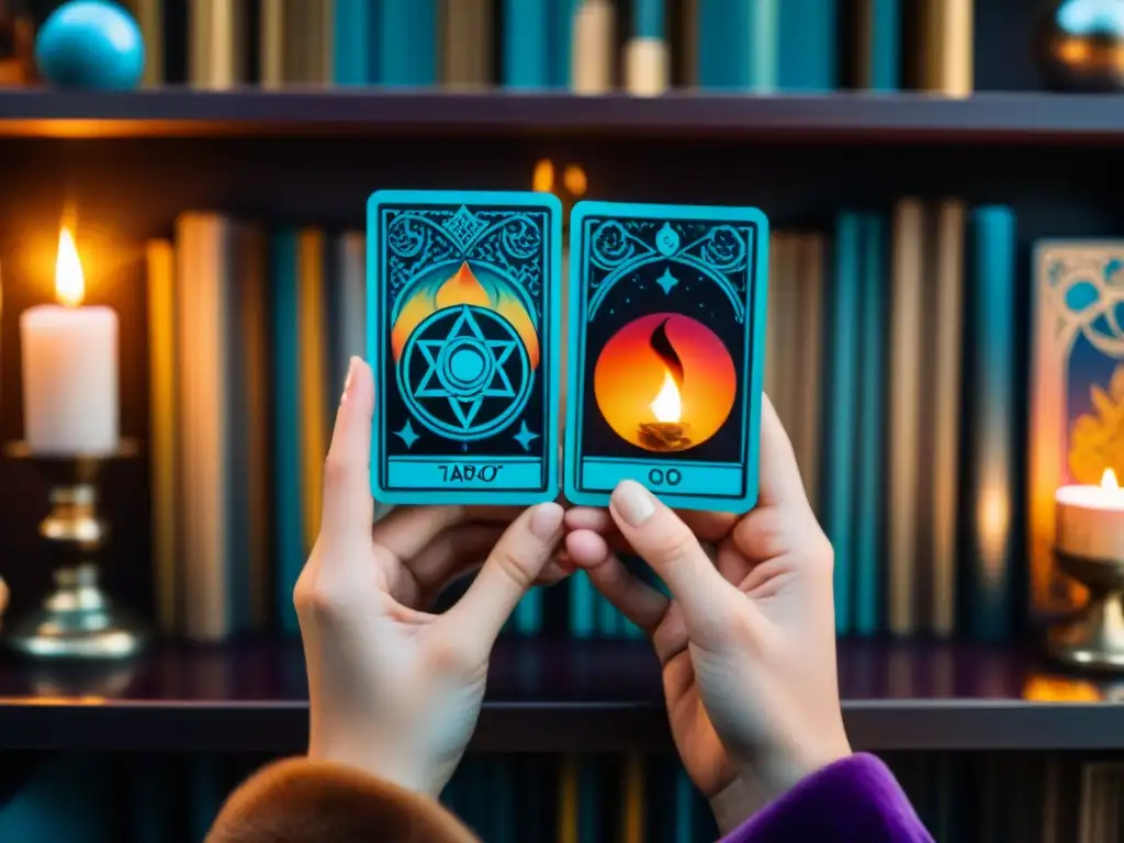 Unas manos cuidadosas sostienen las mejores barajas de Tarot en un ambiente místico y ritual de energía espiritual