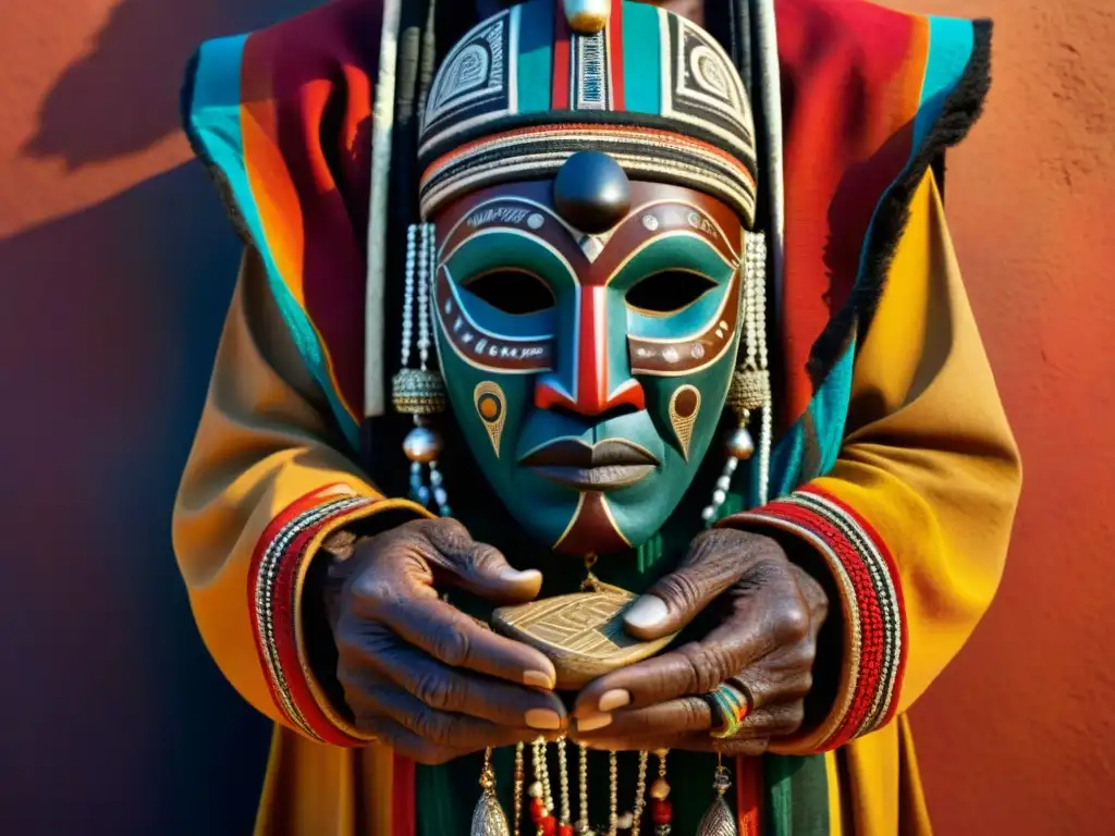 Las manos curtidas de un anciano tribal sostienen una máscara ceremonial con grabados y patrones simbólicos en colores vibrantes, reflejando la importancia cultural y misterio de las iniciaciones en sociedades secretas africanas