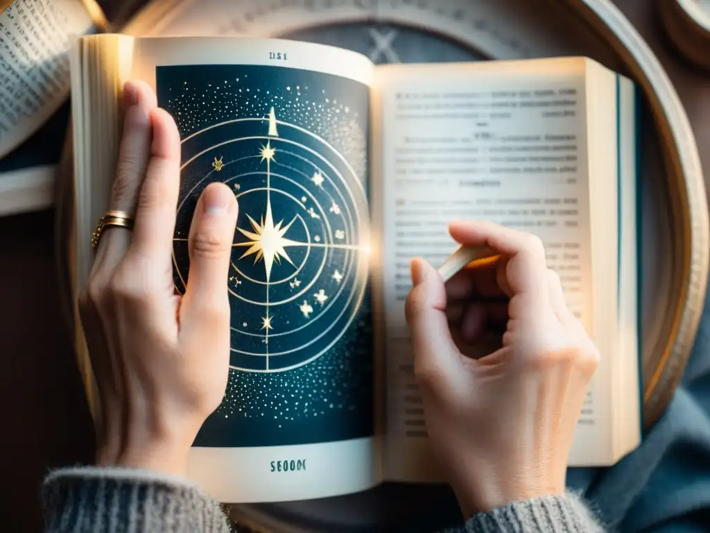 Unas manos detalladas sostienen un libro de astrología desgastado, iluminado por una luz suave, con páginas abiertas sobre signos zodiacales