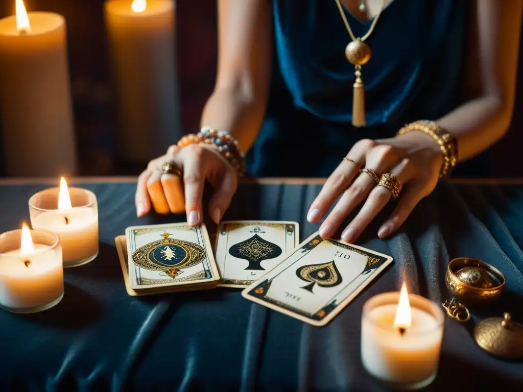 Unas manos elegantes barajando cartas de tarot, con detalles artísticos y simbólicos