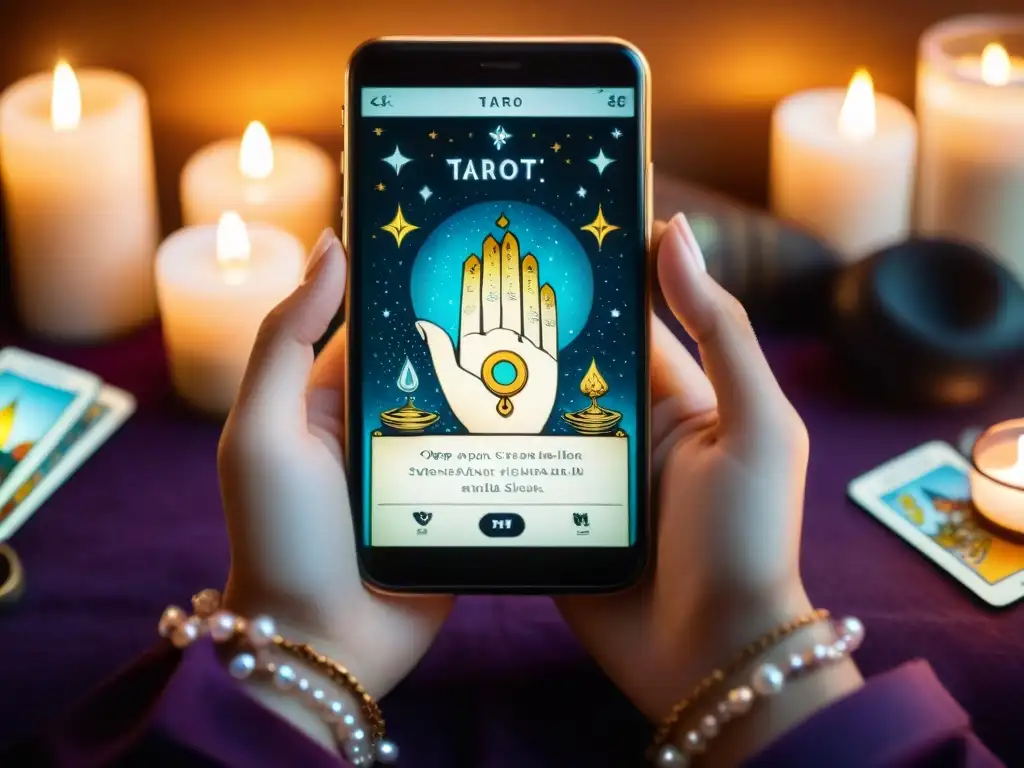 Manos elegantes sosteniendo smartphone con app de Tarot y cartas vibrantes, en ambiente místico con velas y cristales