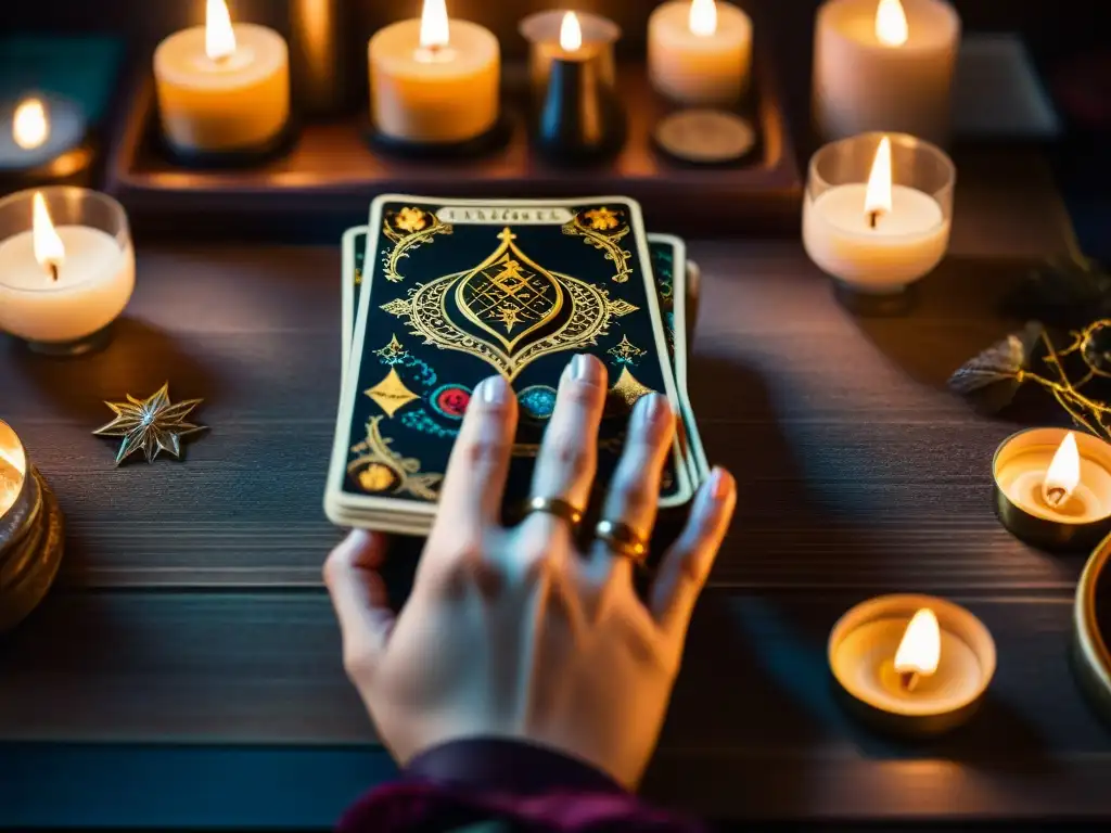 Mazo de tarot en manos: misterio y anticipación Manos enigmáticas barajan una carta de tarot en una habitación oscura con libros antiguos y luz de velas