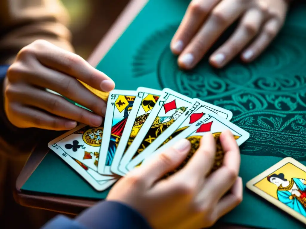Rituales místicos: manos expertas barajando cartas del tarot Manos enigmáticas barajando cartas de tarot en decisión importante