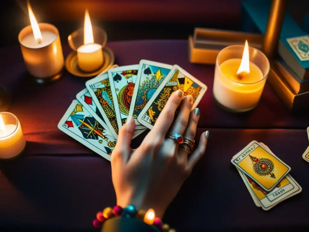 Manos enigmáticas barajan cartas de tarot, con símbolos coloridos